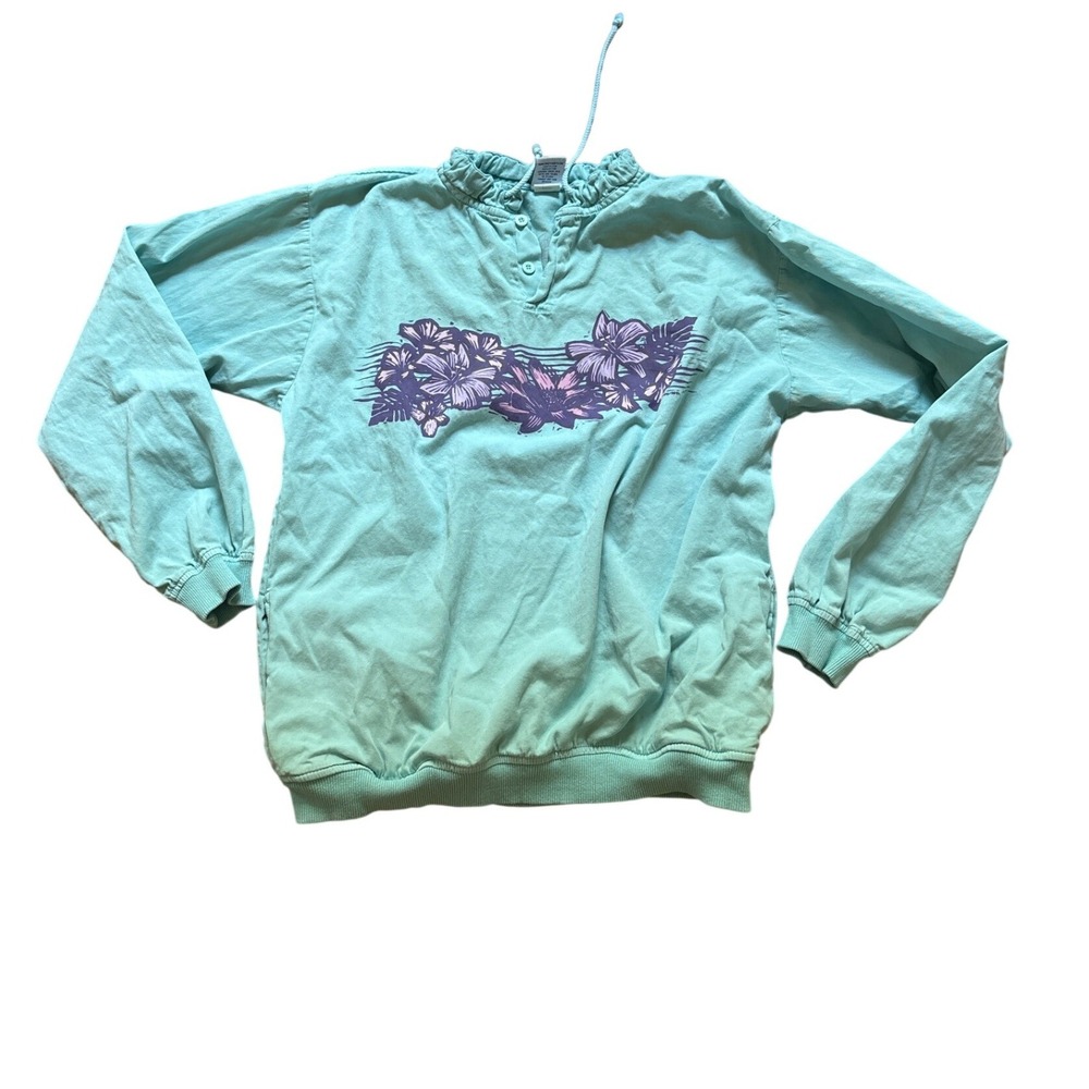 Crazy Shirts Pullover Top Womens Teal Floral Vintage Long Sleeve SIZE S